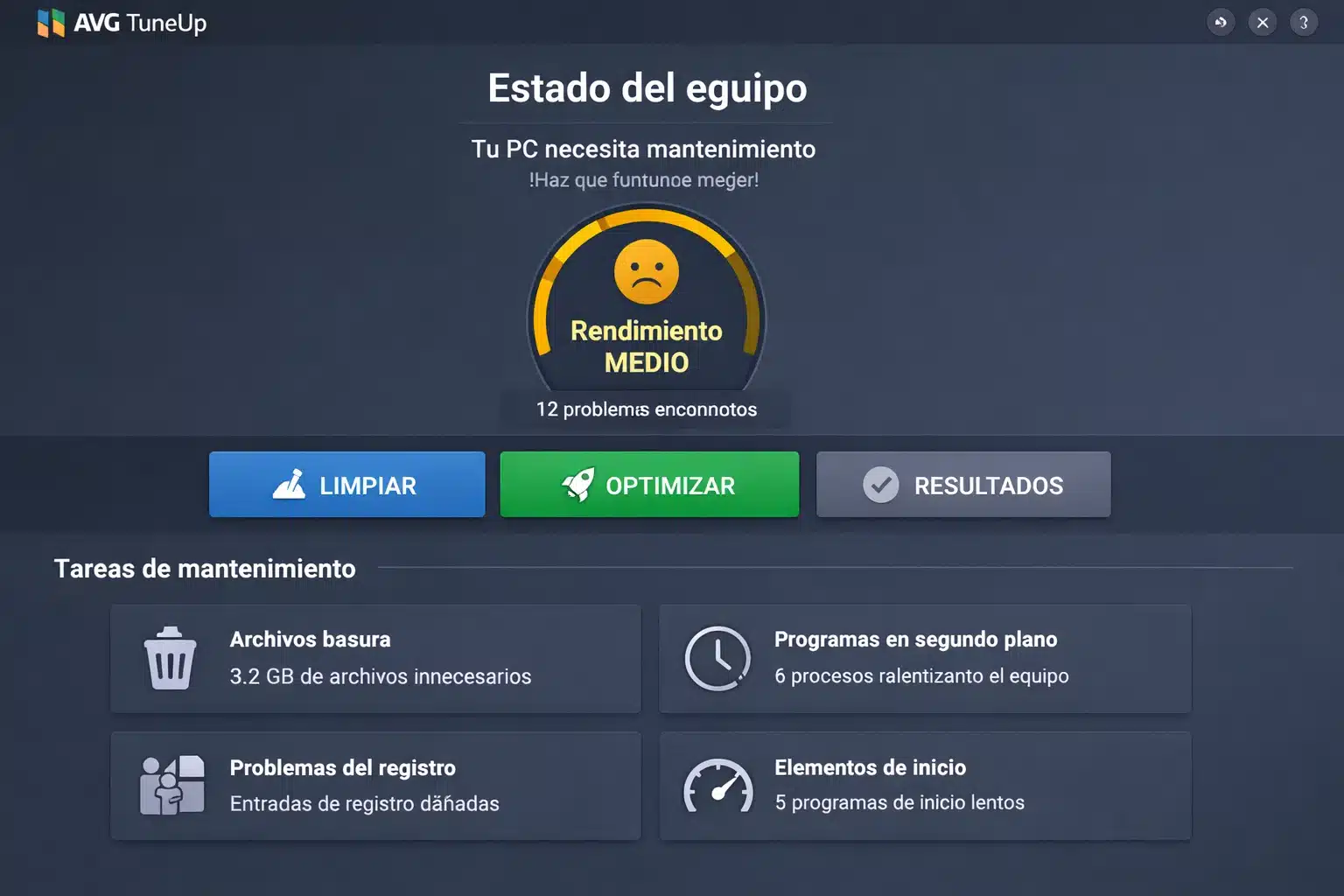 Panel de AVG TuneUp mostrando estado del equipo y tareas de limpieza