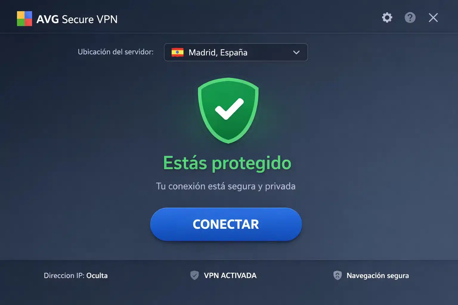 Pantalla de AVG Secure VPN con botón de conectar y estado protegido