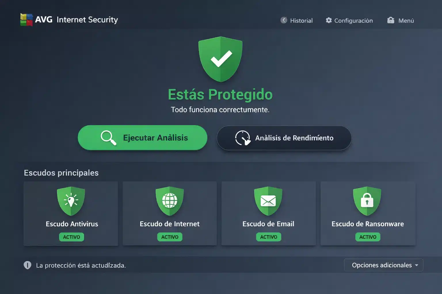 Panel de AVG Internet Security mostrando el estado de protección y un análisis