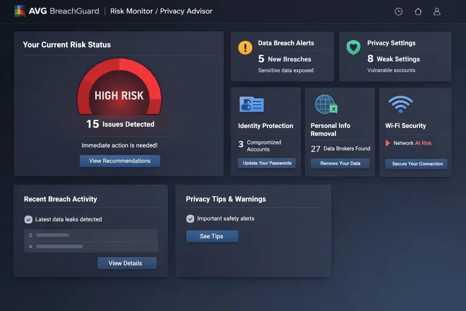 Panel de AVG BreachGuard mostrando estado de riesgo y alertas de privacidad