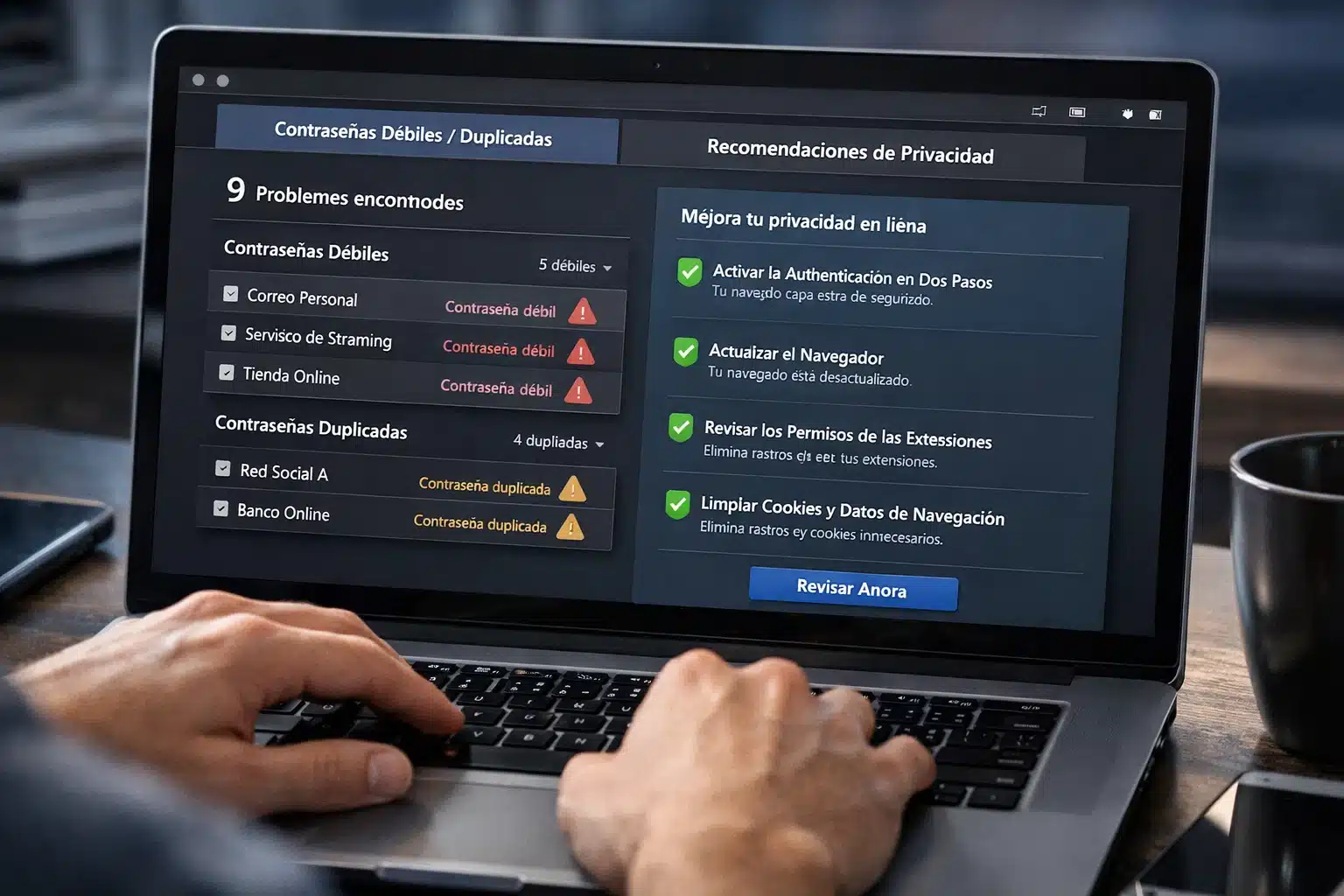 Escena de uso: revisión de contraseñas y recomendaciones de privacidad en el navegador