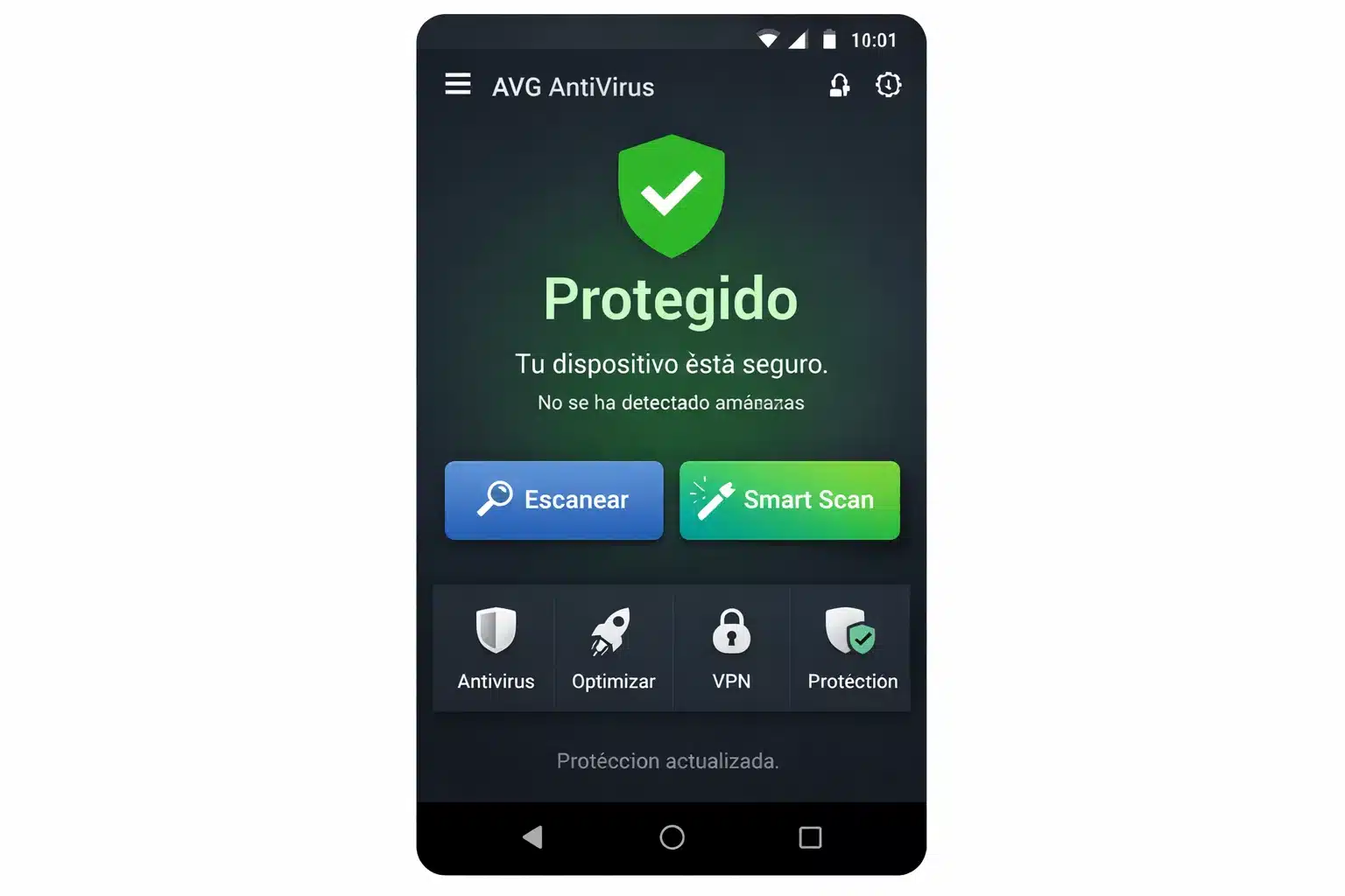 Pantalla de AVG AntiVirus en Android con estado protegido y opción de escaneo