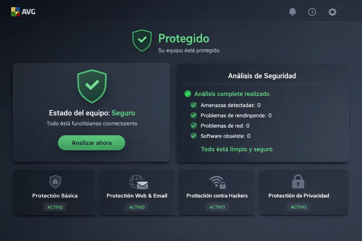 Panel de AVG AntiVirus mostrando el estado del equipo y un análisis de seguridad