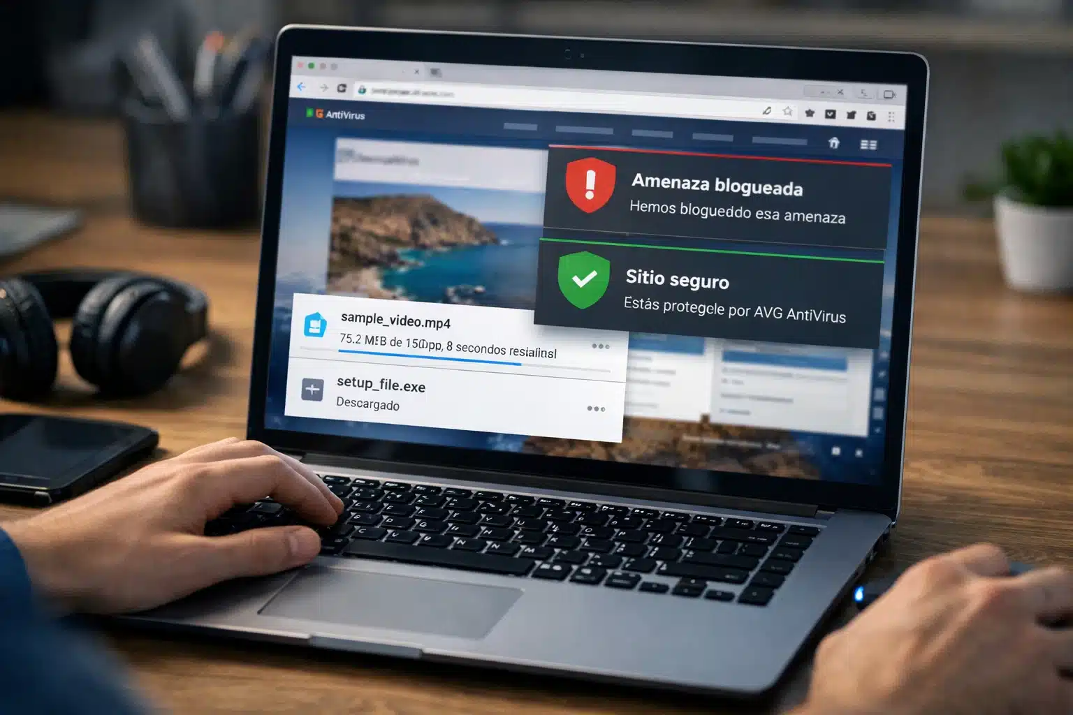 Escena de uso: navegación y descargas con protección activa de AVG AntiVirus