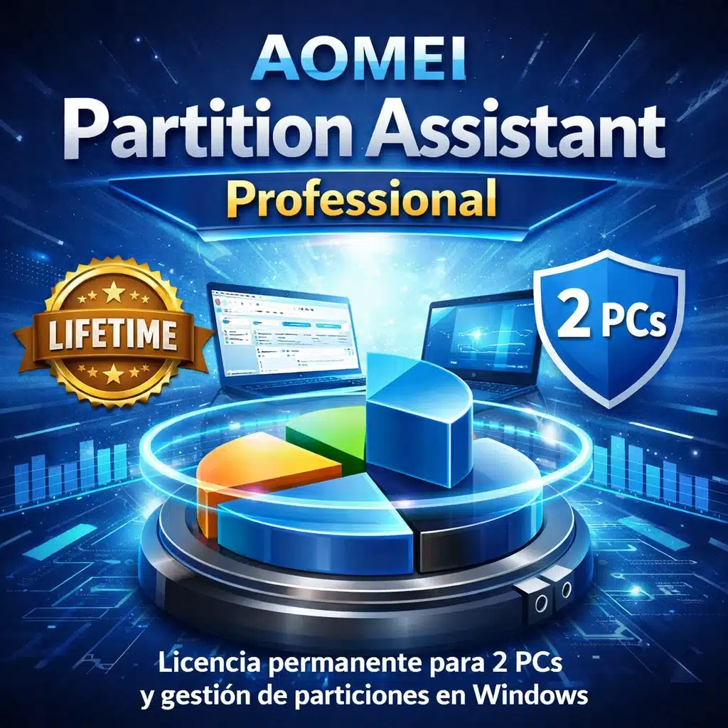 AOMEI Partition Assistant Professional: licencia permanente para 2 PCs y gestión de particiones en Windows