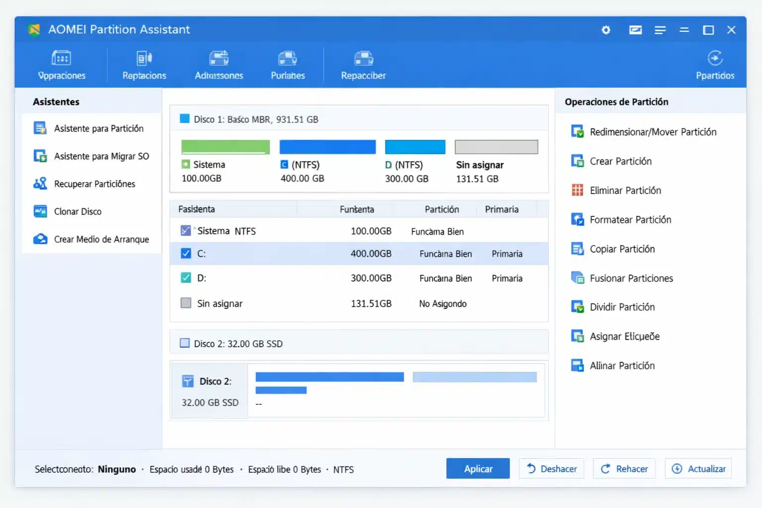 Interfaz de AOMEI Partition Assistant con mapa de disco y acciones de particionado