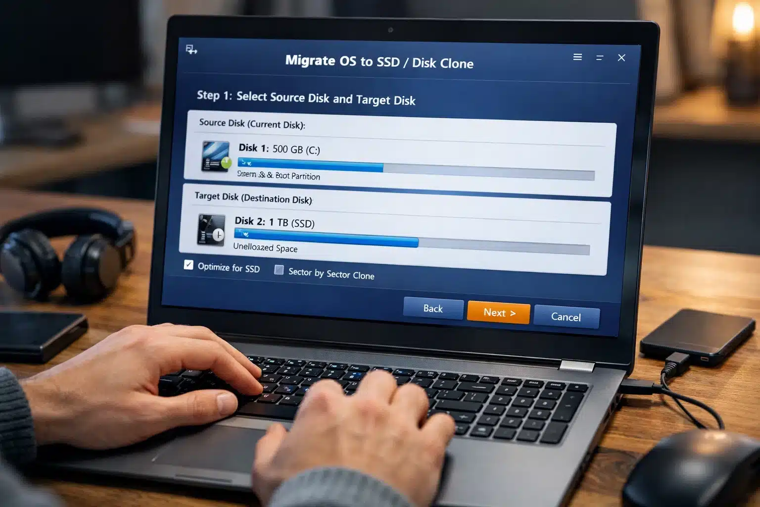 Escena de uso: migración del sistema a SSD y clonación de disco en Windows
