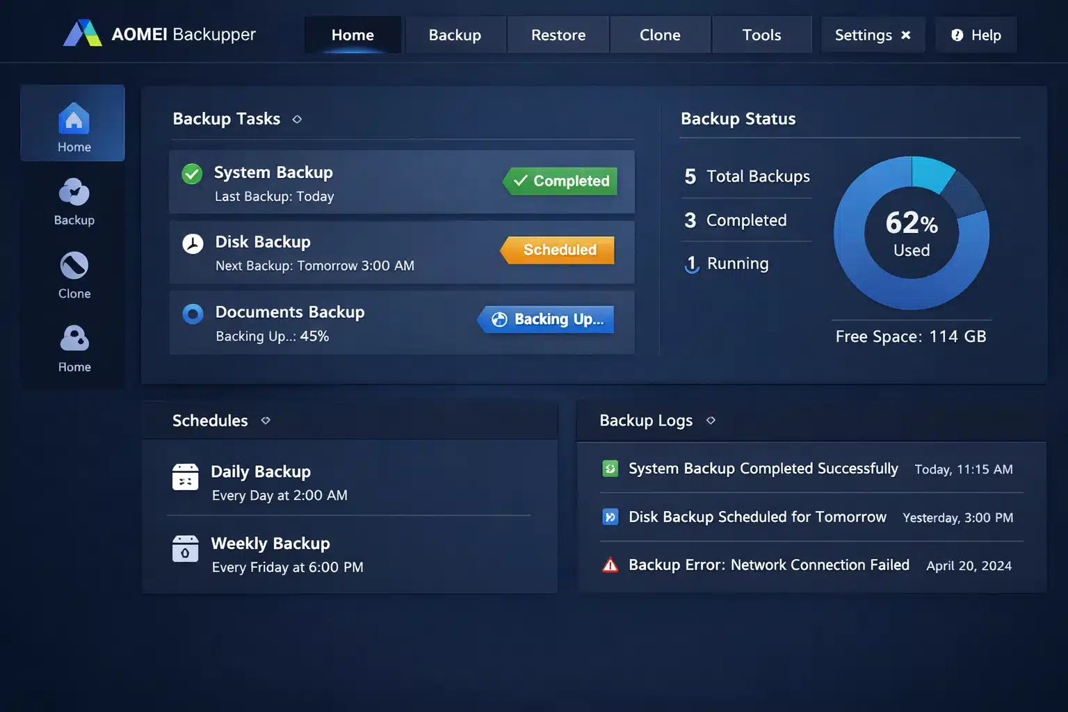 Interfaz de AOMEI Backupper mostrando tareas de backup y estado de copias