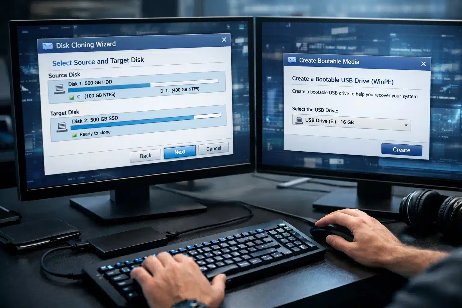 Escena de uso: clonación de disco y creación de medio booteable para recuperación