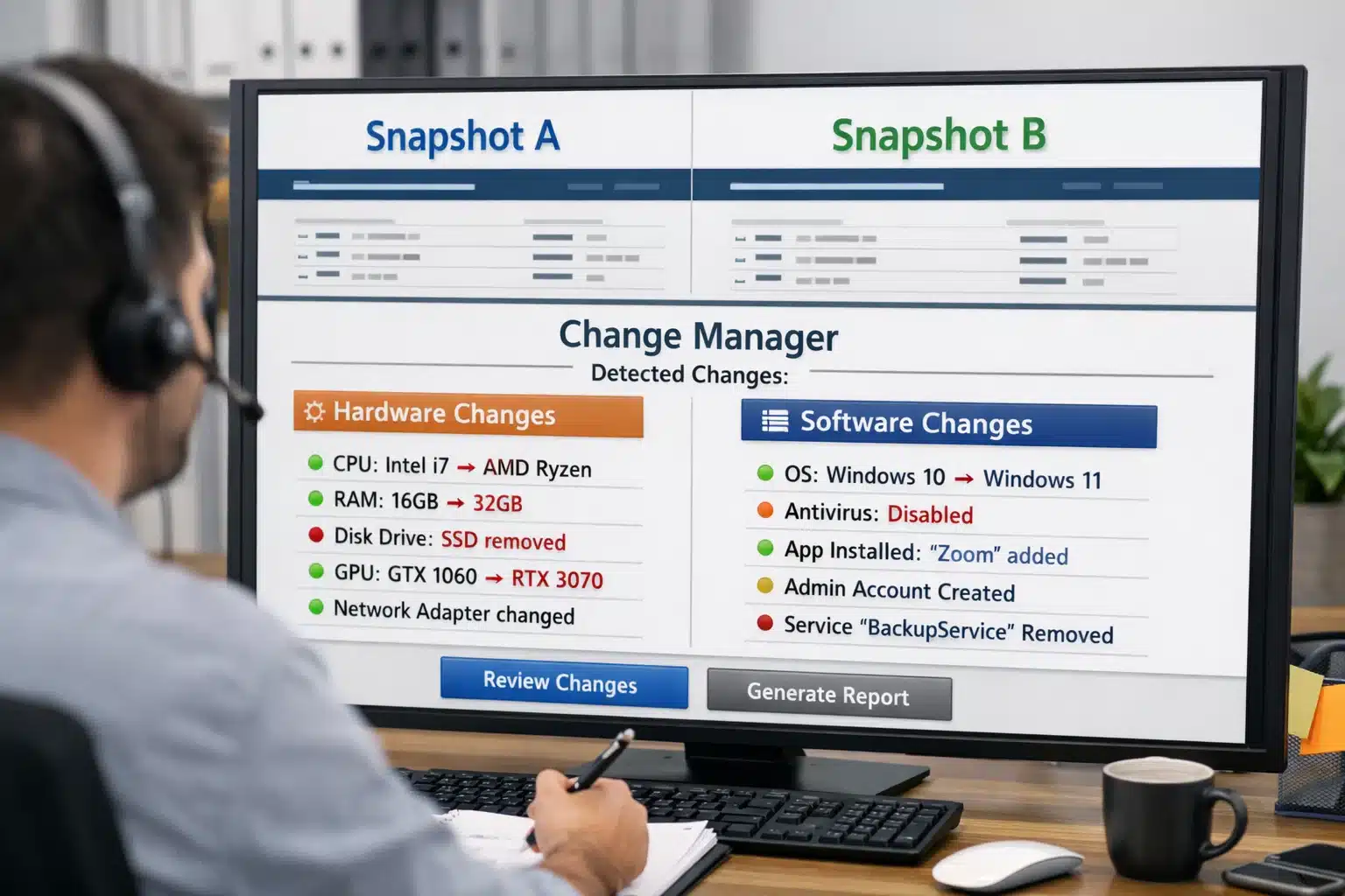 Escena de uso: comparación de auditorías y seguimiento de cambios con Change Manager