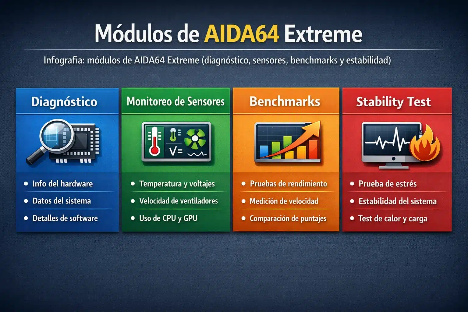 Infografía: módulos de AIDA64 Extreme (diagnóstico, sensores, benchmarks y estabilidad)