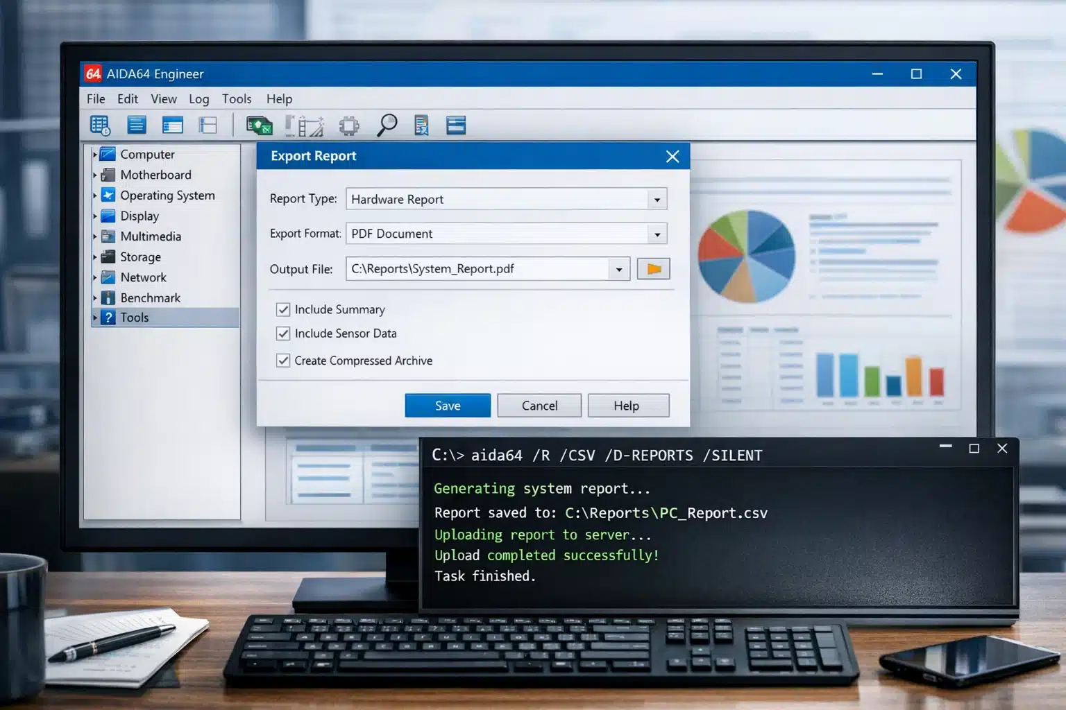 Panel de AIDA64 Engineer mostrando sensores de temperatura, voltajes y ventiladores