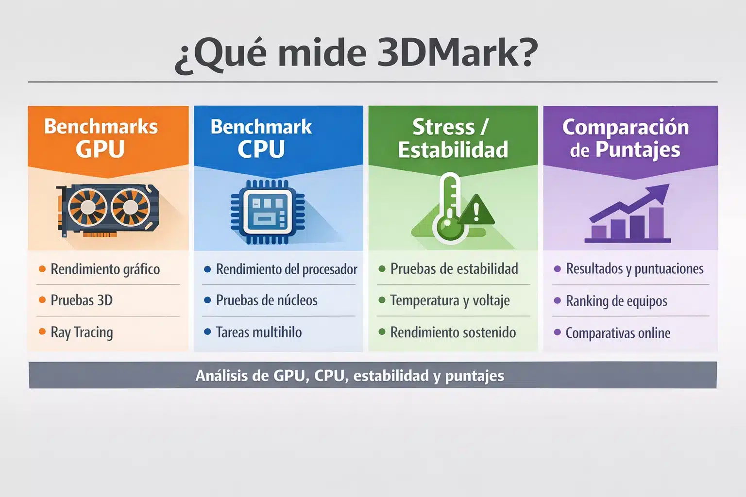 Infografía: qué mide 3DMark (GPU, CPU, estabilidad y comparación de puntajes)