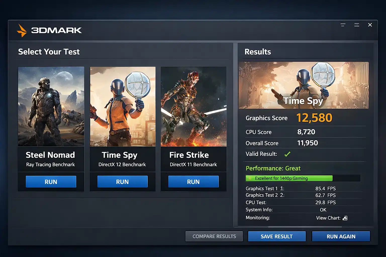 Interfaz de 3DMark mostrando selección de benchmarks y resultados de puntaje