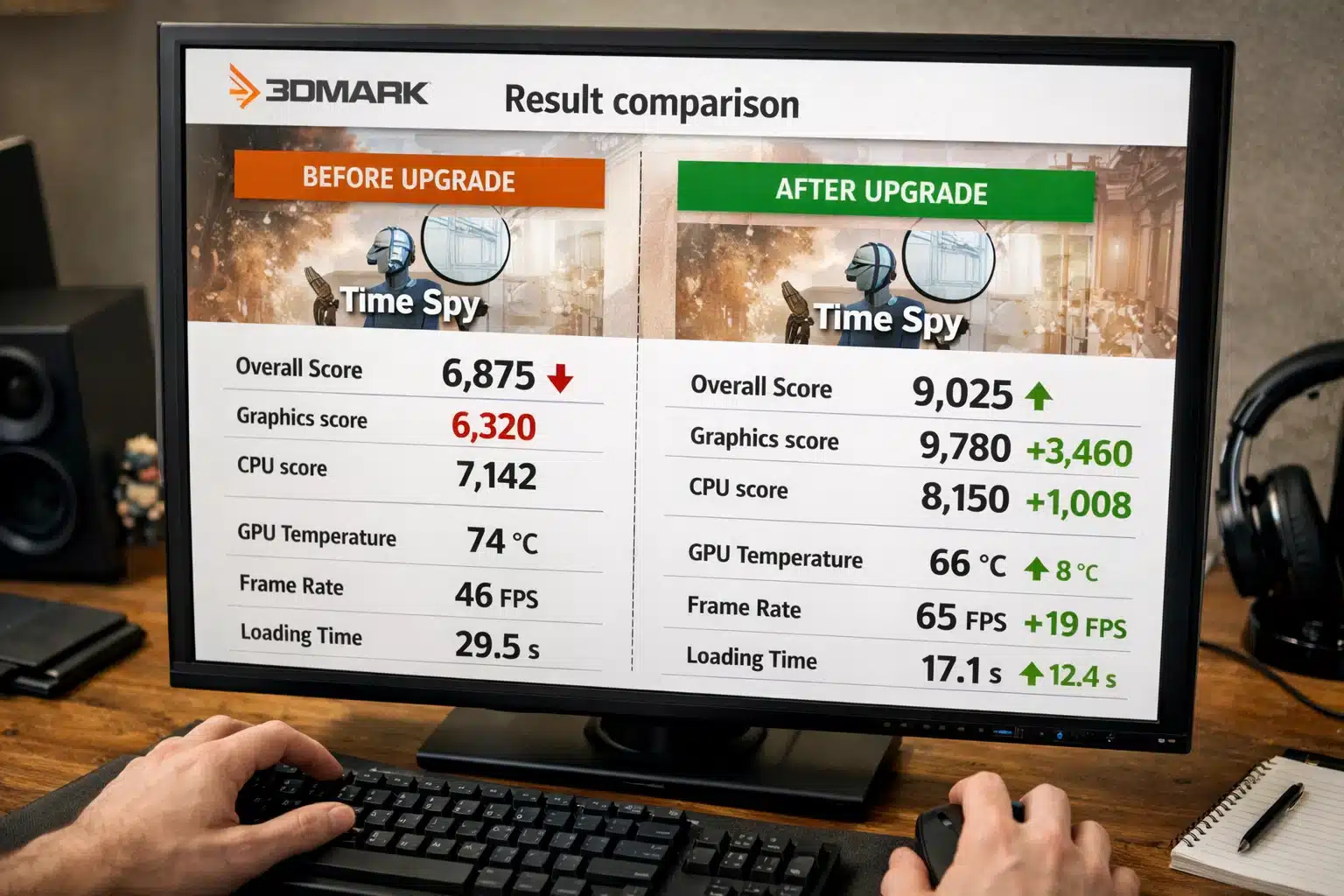 Escena de uso: comparativa antes y después de un upgrade con resultados de 3DMark