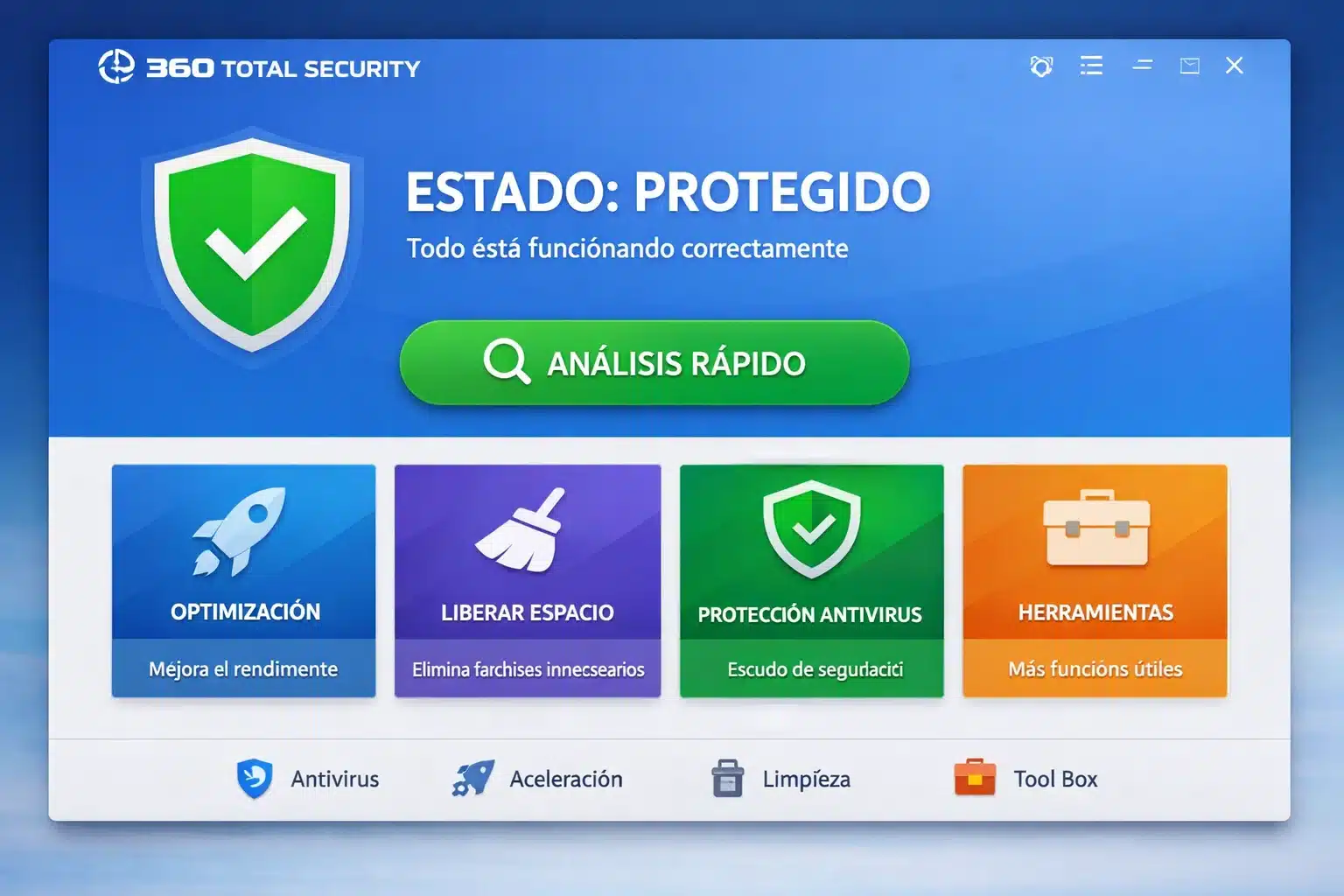 Panel de 360 Total Security mostrando estado protegido y opciones de análisis