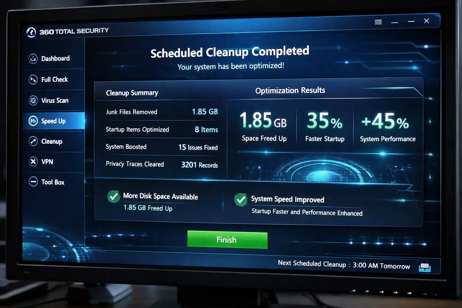 Escena de uso: limpieza programada y optimización de rendimiento con 360 Total Security