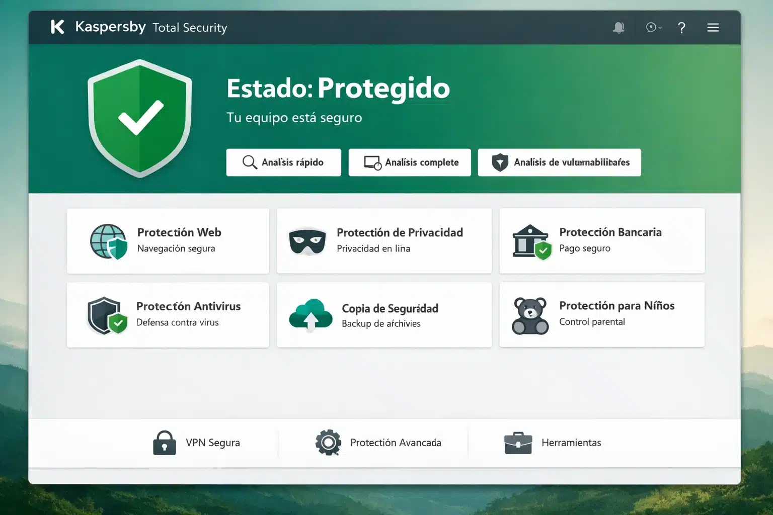 Panel de Kaspersky Total Security mostrando estado protegido y módulos de seguridad