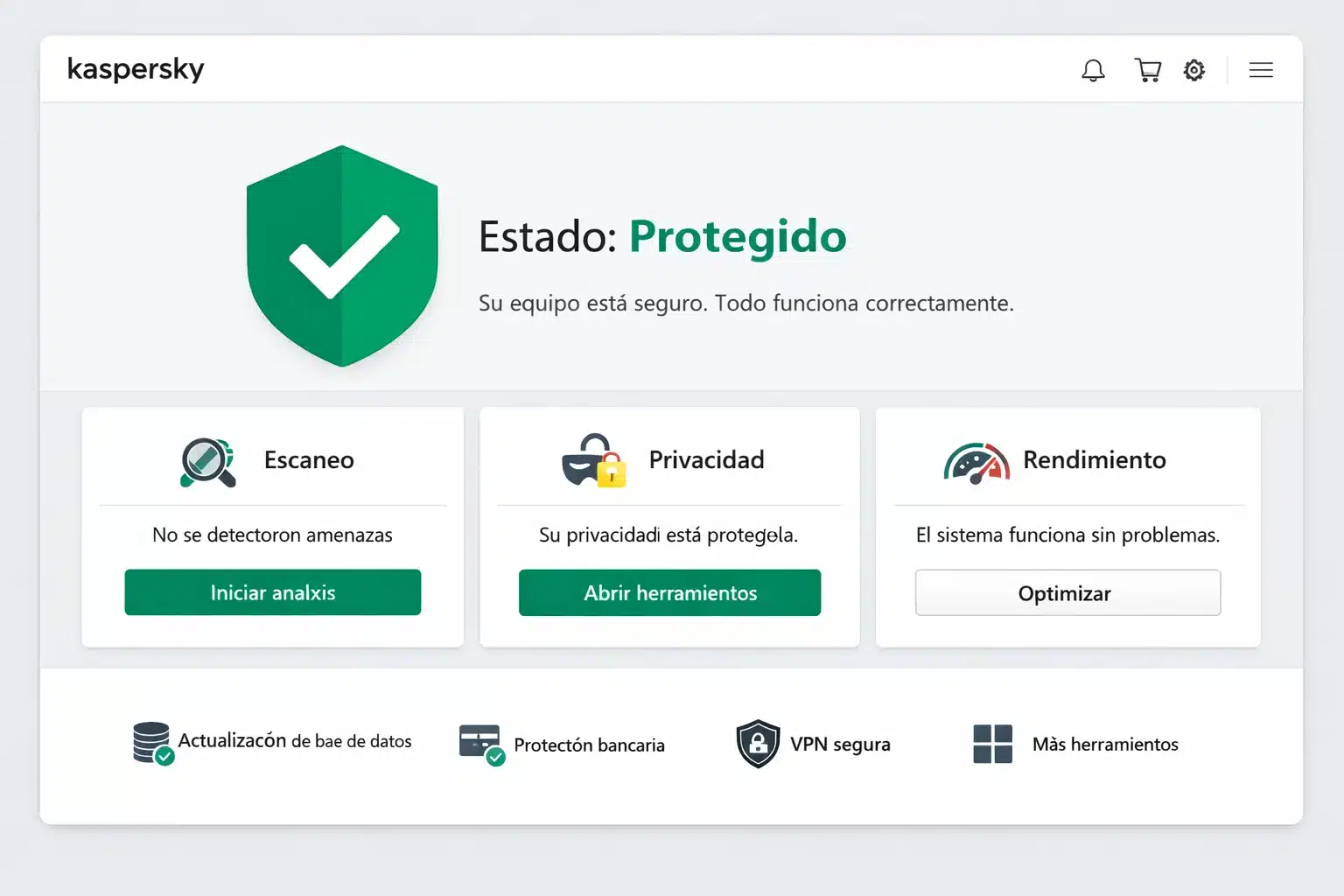 Panel de Kaspersky Standard mostrando estado de protección y herramientas principales