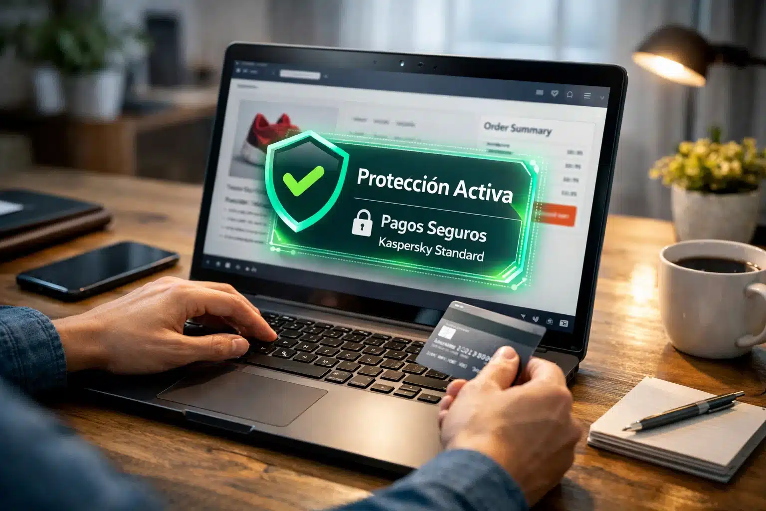 Escena de uso: compra online protegida con Kaspersky Standard y navegación segura