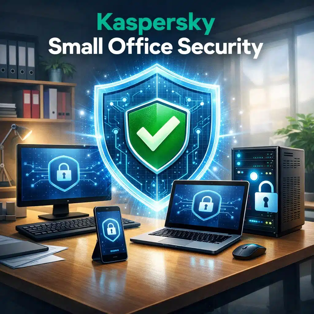 Kaspersky Small Office Security para pequeña empresa, key visual de protección en PC, móvil y servidor