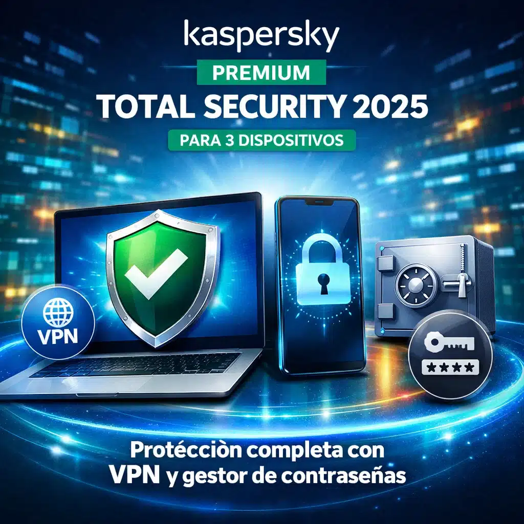 Kaspersky Premium Total Security 2025 para 3 dispositivos, protección completa con VPN y gestor de contraseñas