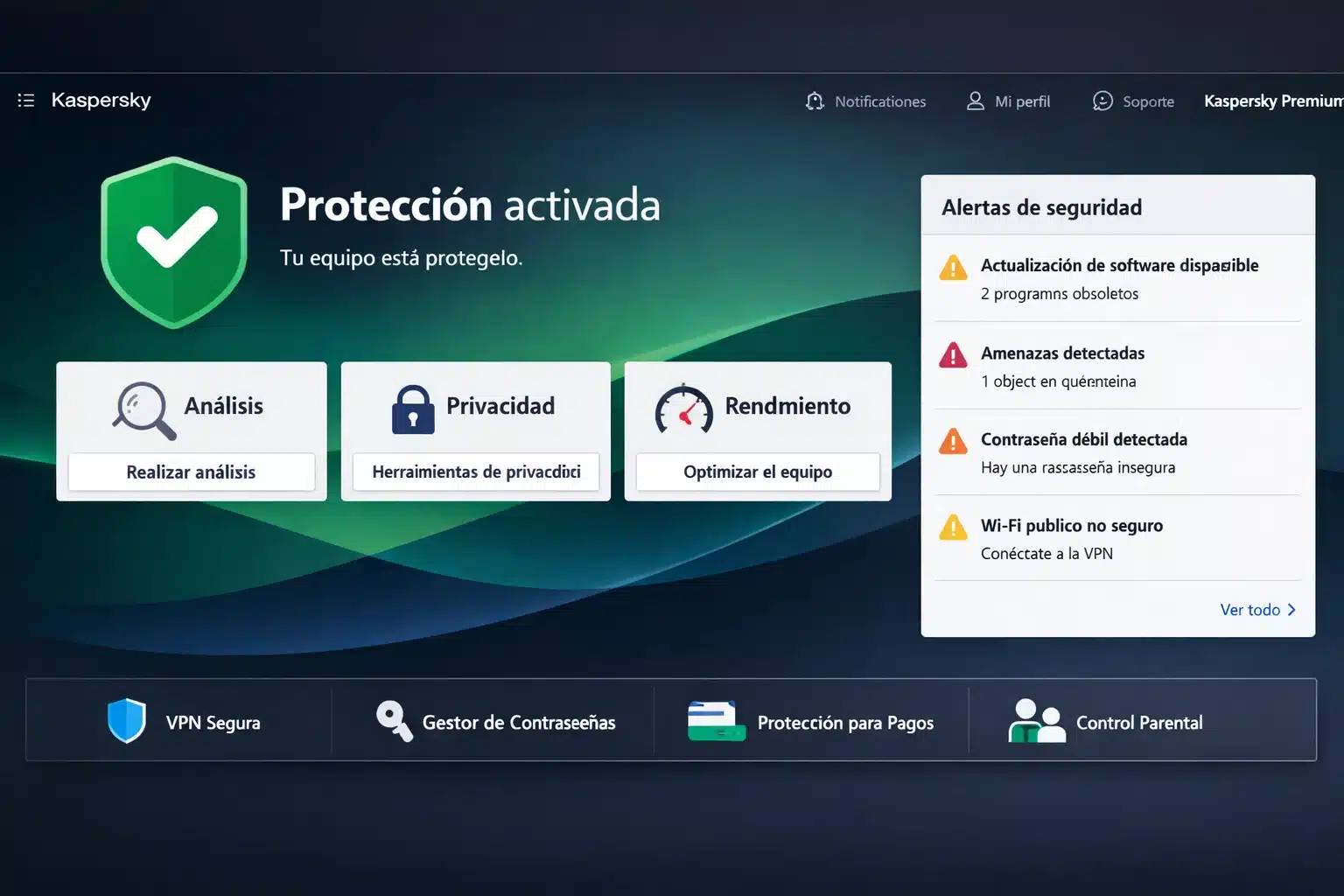 Interfaz de Kaspersky Premium con estado de protección, análisis y herramientas de privacidad