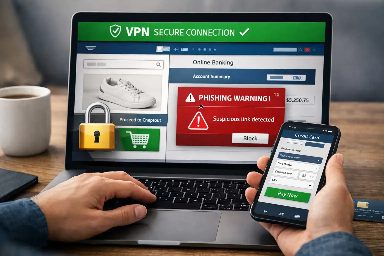 Escena de uso: compras online y banca protegidas con VPN y detección anti-phishing