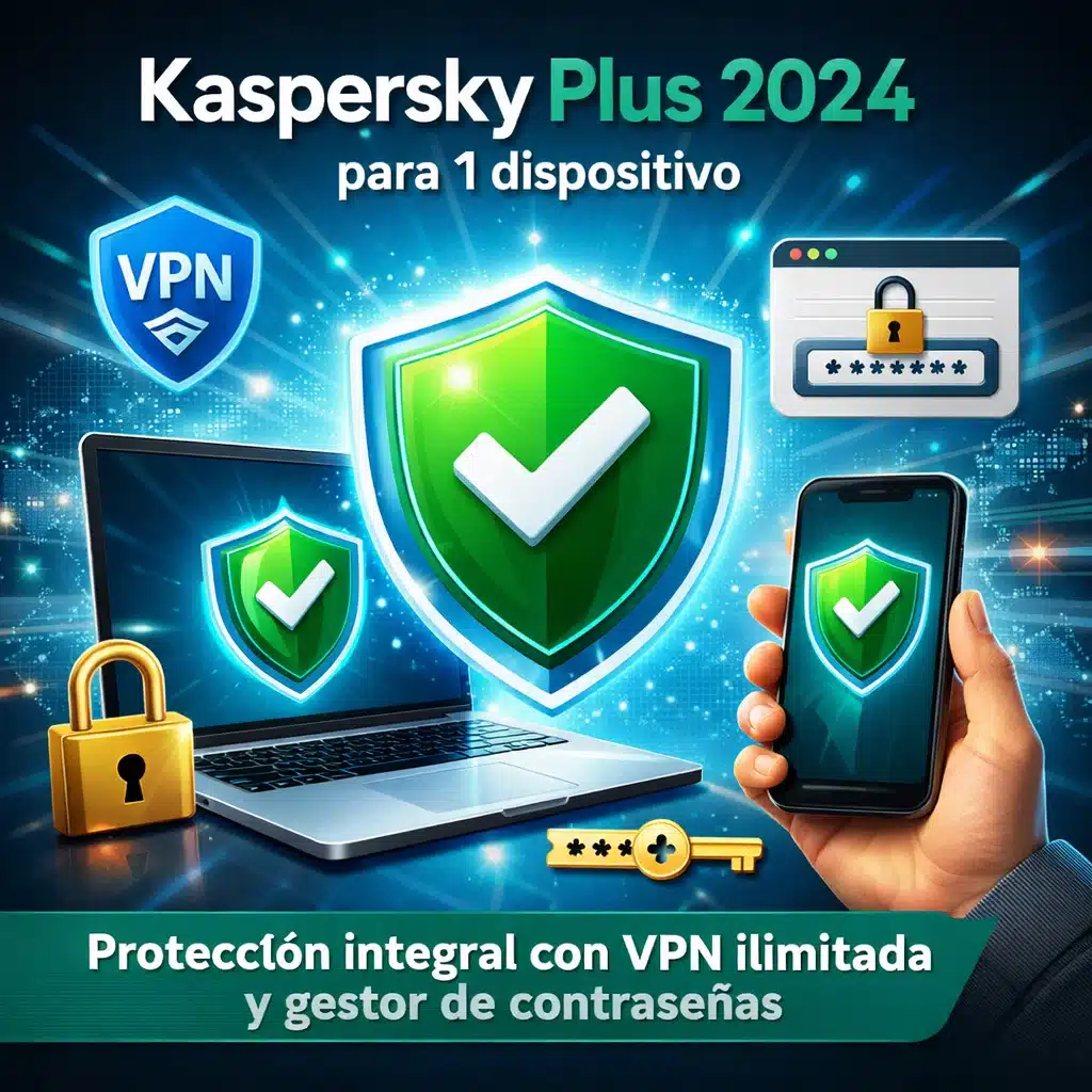 Kaspersky Plus 2024 para 1 dispositivo, protección integral con VPN ilimitada y gestor de contraseñas