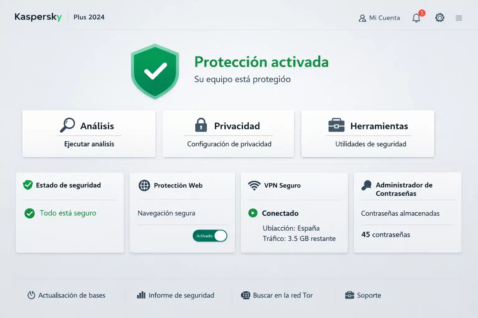 Interfaz de Kaspersky Plus 2024 con estado de protección, análisis y privacidad
