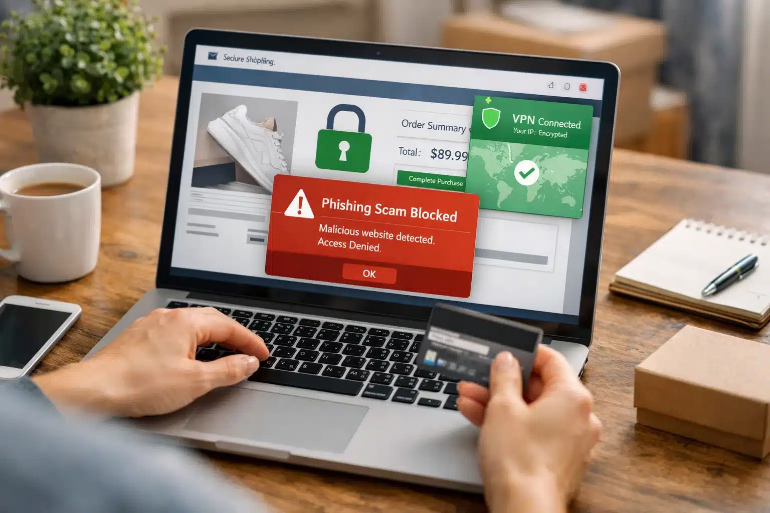 Escena de uso: navegación y compras online protegidas con VPN y anti-phishing