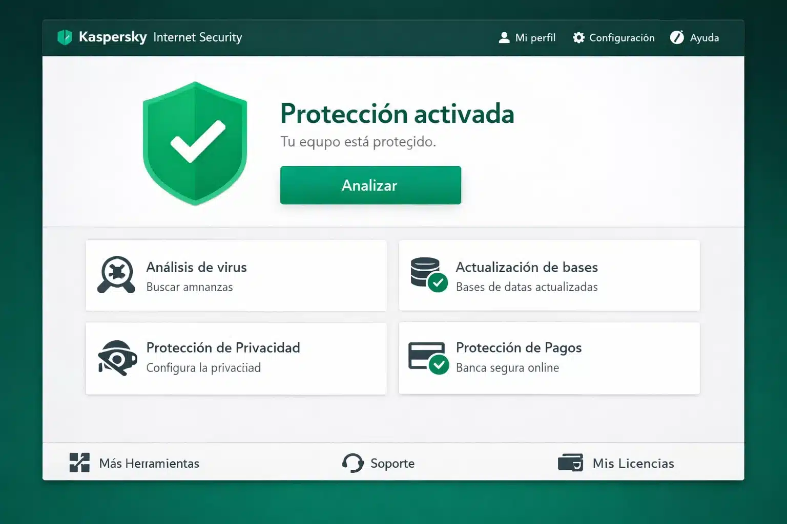 Interfaz de Kaspersky Internet Security con estado de protección y opciones de análisis
