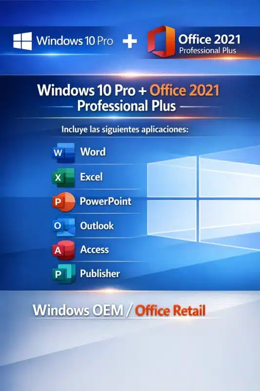Combo Windows 10 Pro OEM + Office 2021 Pro Plus Retail — 1 PC (Licencia digital)