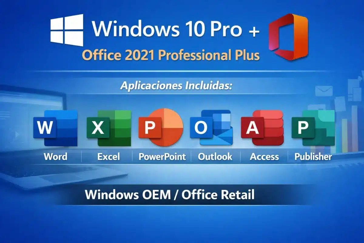 Combo Windows 10 Pro OEM + Office 2021 Pro Plus Retail — 1 PC (Licencia digital)