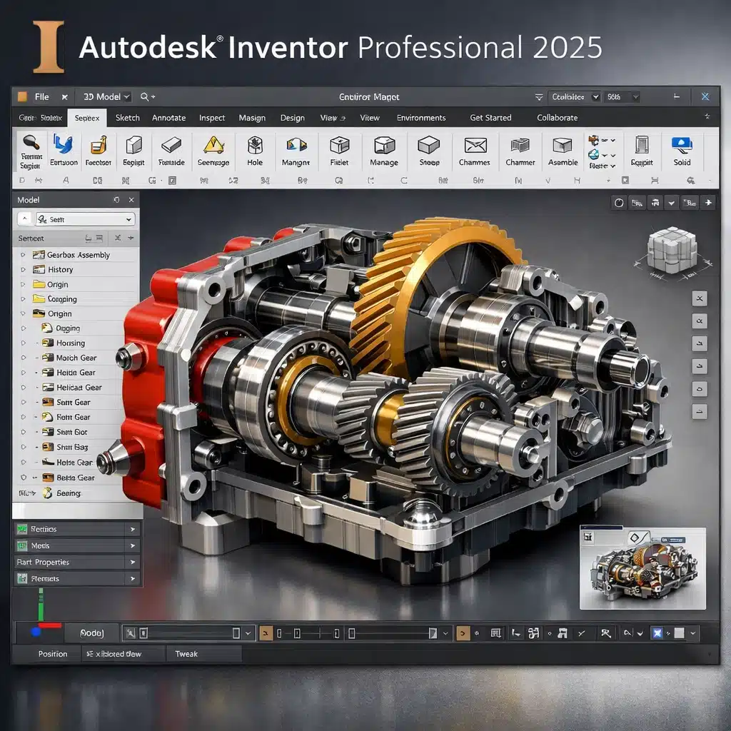 Autodesk Inventor Professional 2025 interfaz de diseño mecánico 3D en entorno profesional