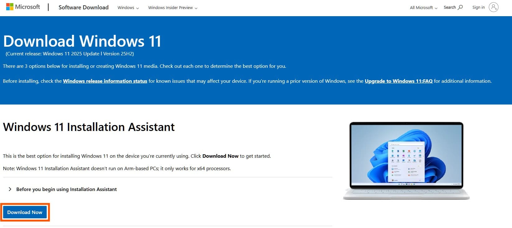 Página oficial de descarga de Windows 11