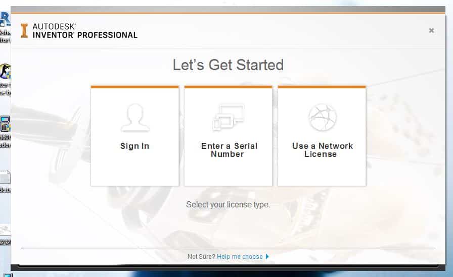 Pantalla de inicio de sesión Autodesk Inventor