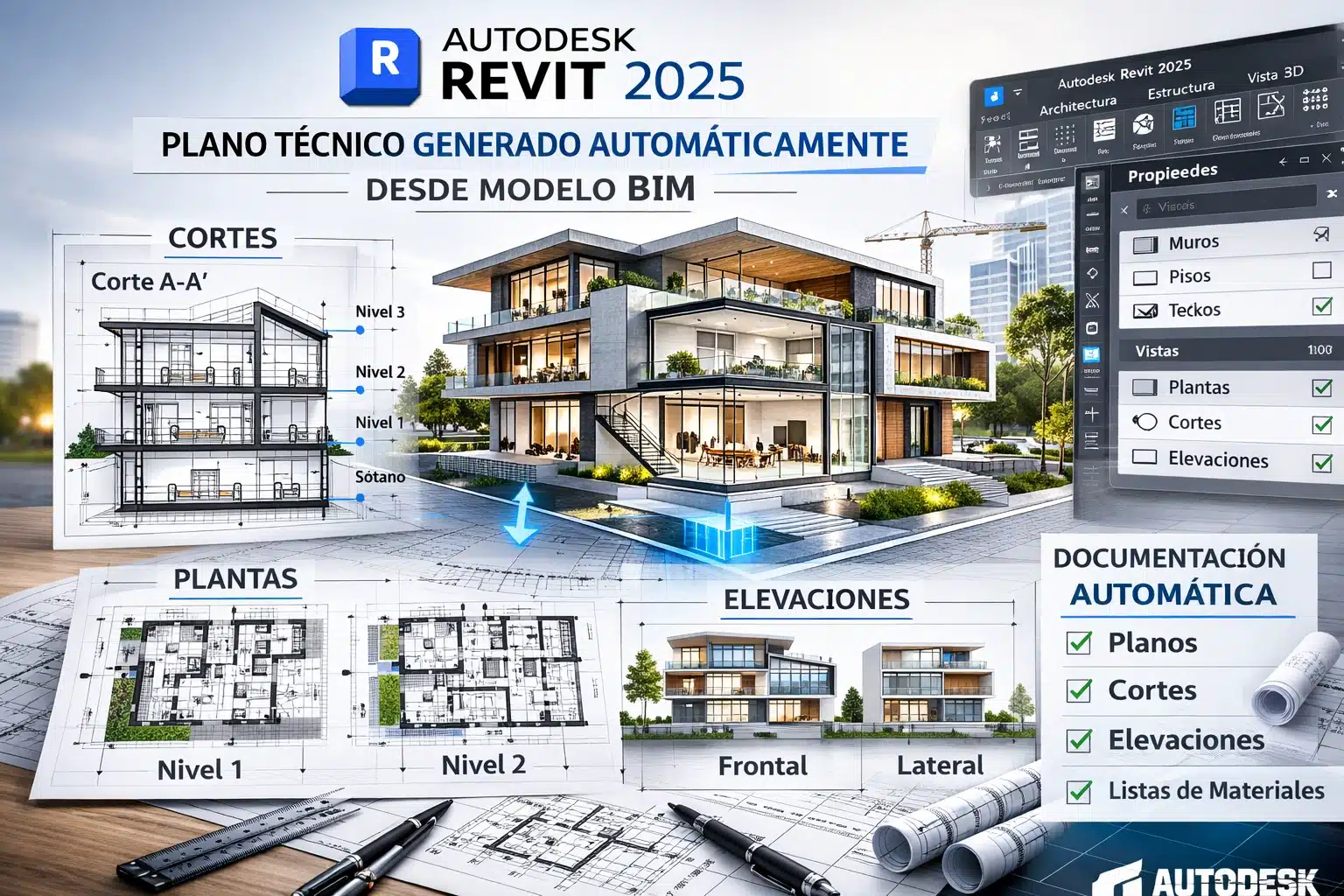 Ejemplo de proyecto arquitectónico modelado en Autodesk Revit 2025 en vista 3D