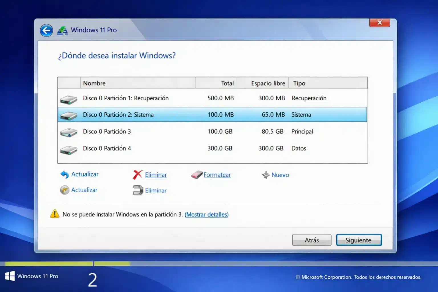 Selección de particiones durante instalación de Windows 11