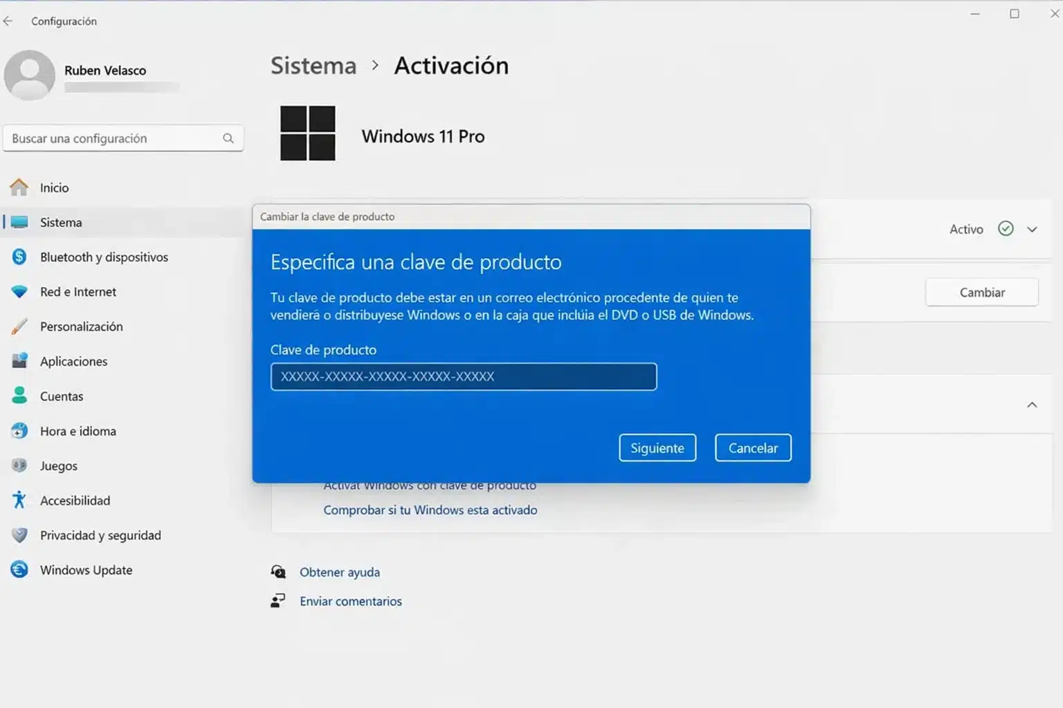Cambiar la clave de producto en Activación