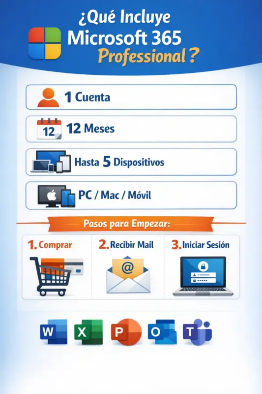 Microsoft 365 Professional – 12 Meses – 5 Dispositivos (Cuenta)
