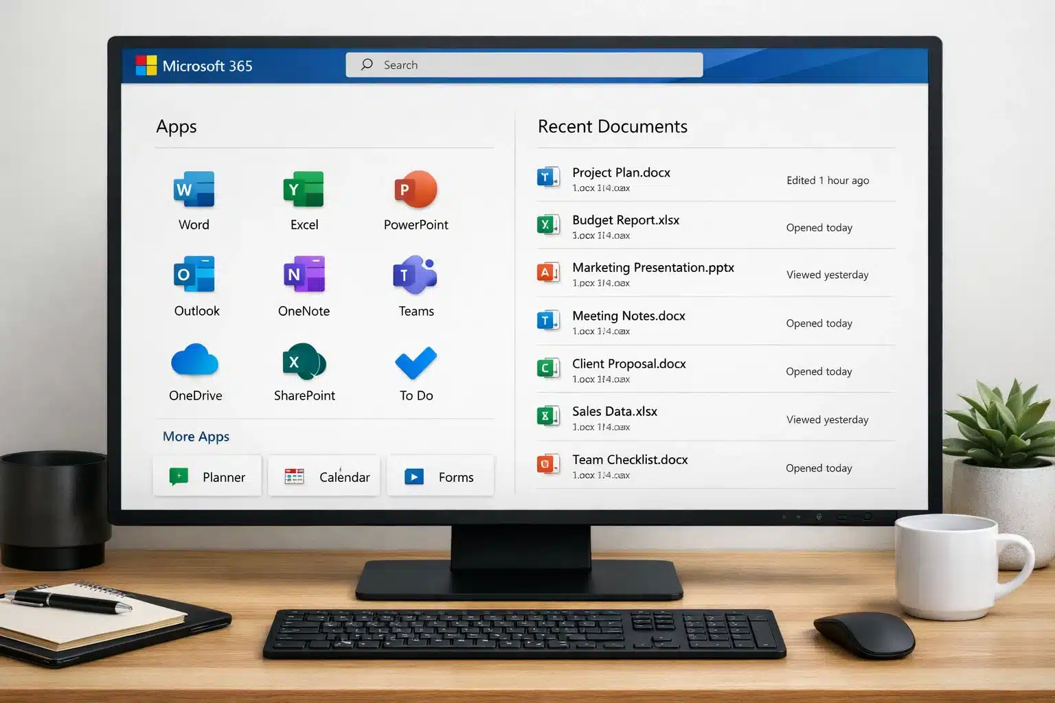 Microsoft 365 en PC o Mac con panel de apps y documentos recientes