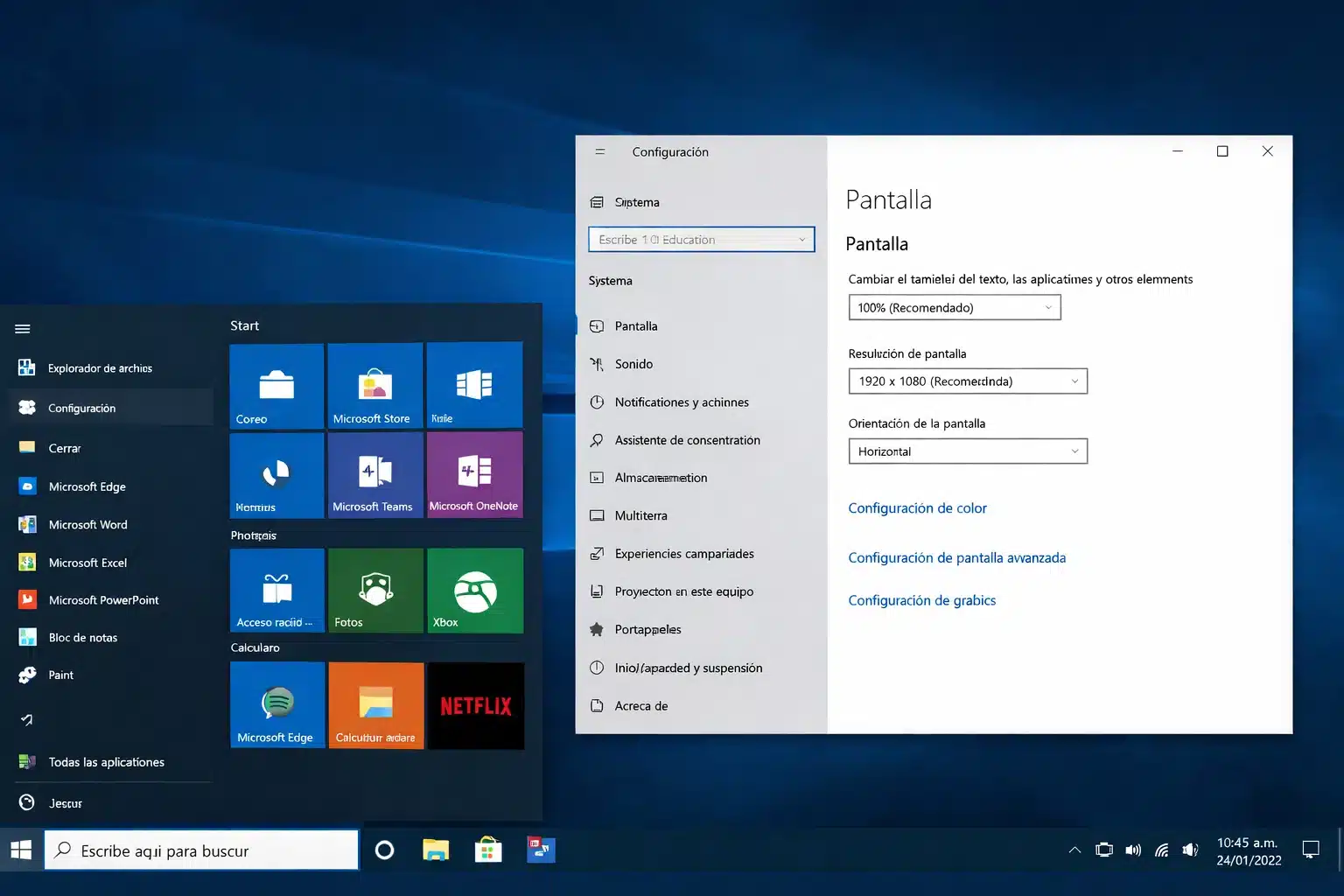 Pantalla de escritorio de Windows 10 Education con menú Inicio y configuración del sistema