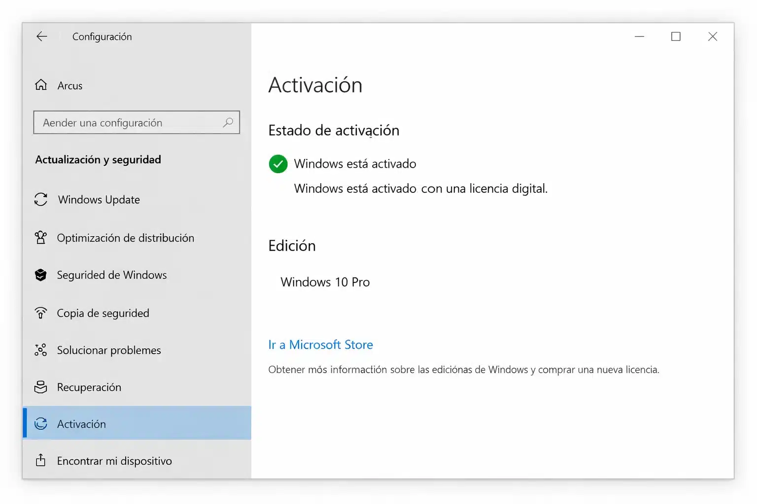 Pantalla de activación de Windows mostrando estado activado con licencia digital