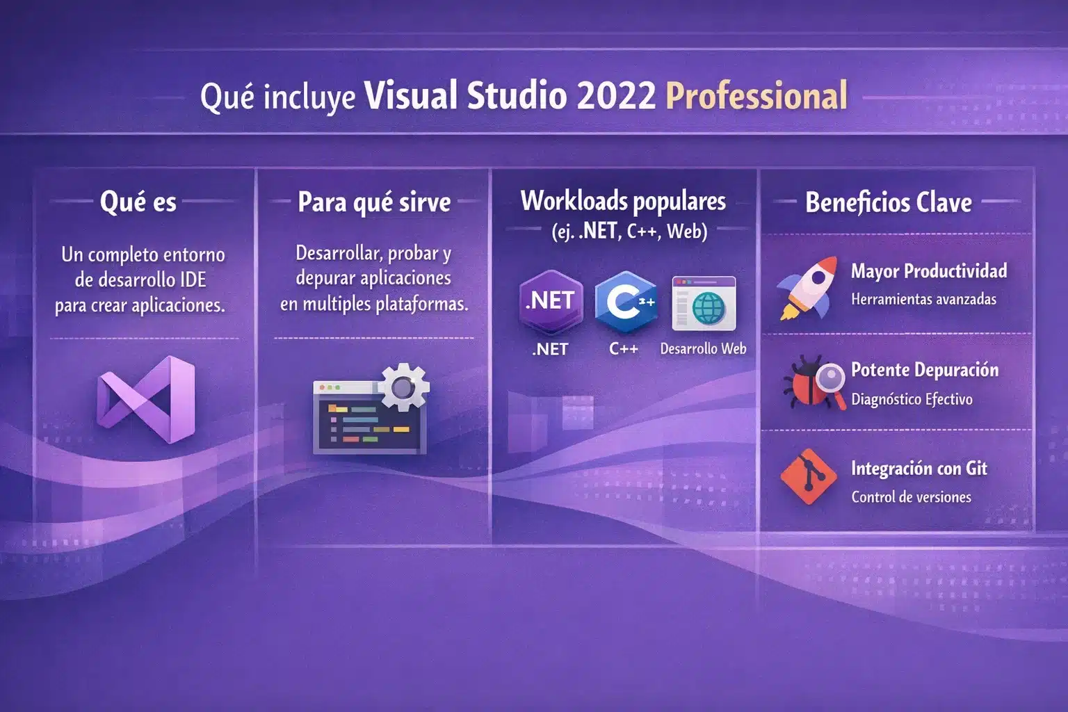 Infografía con qué incluye Visual Studio 2022 Professional y ejemplos de workloads