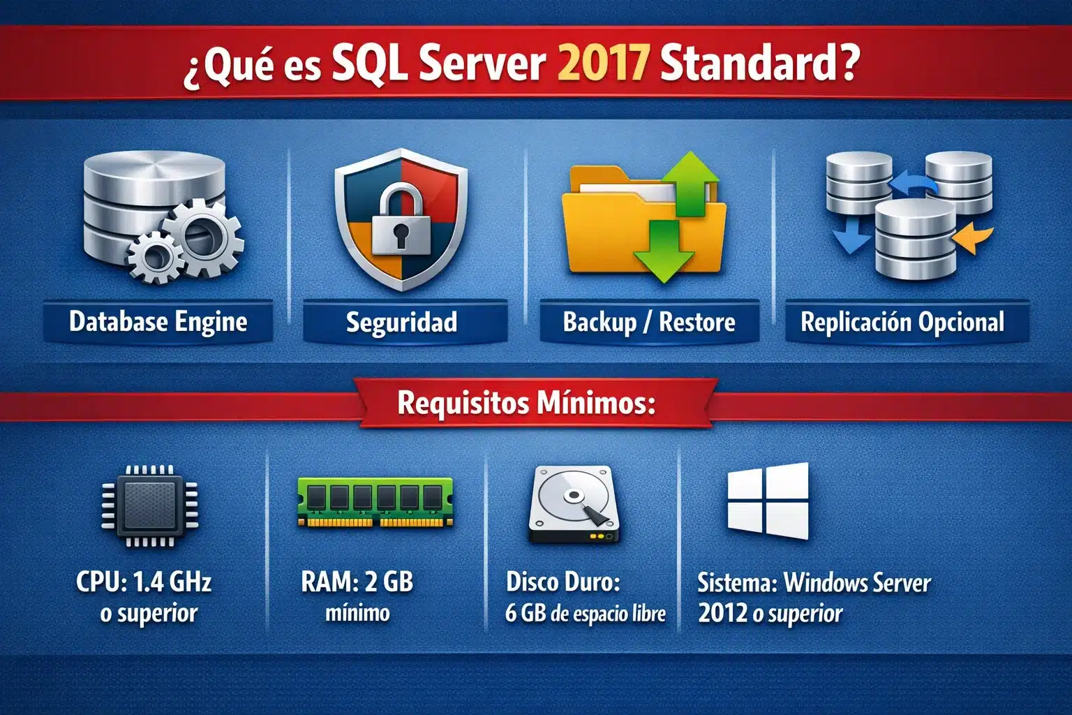 Infografía con módulos de SQL Server 2017 Standard y requisitos clave para instalar