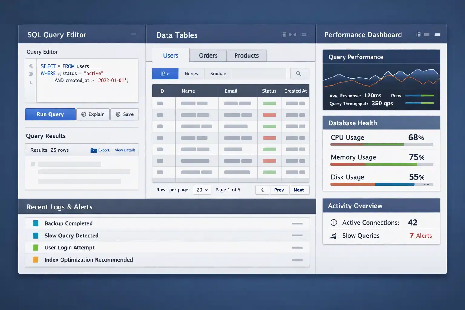 Consola de administración de bases de datos con tablas, consultas y panel de rendimiento