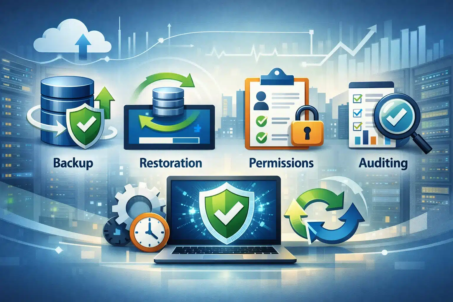 Escena de backup y seguridad de base de datos con enfoque en continuidad operativa