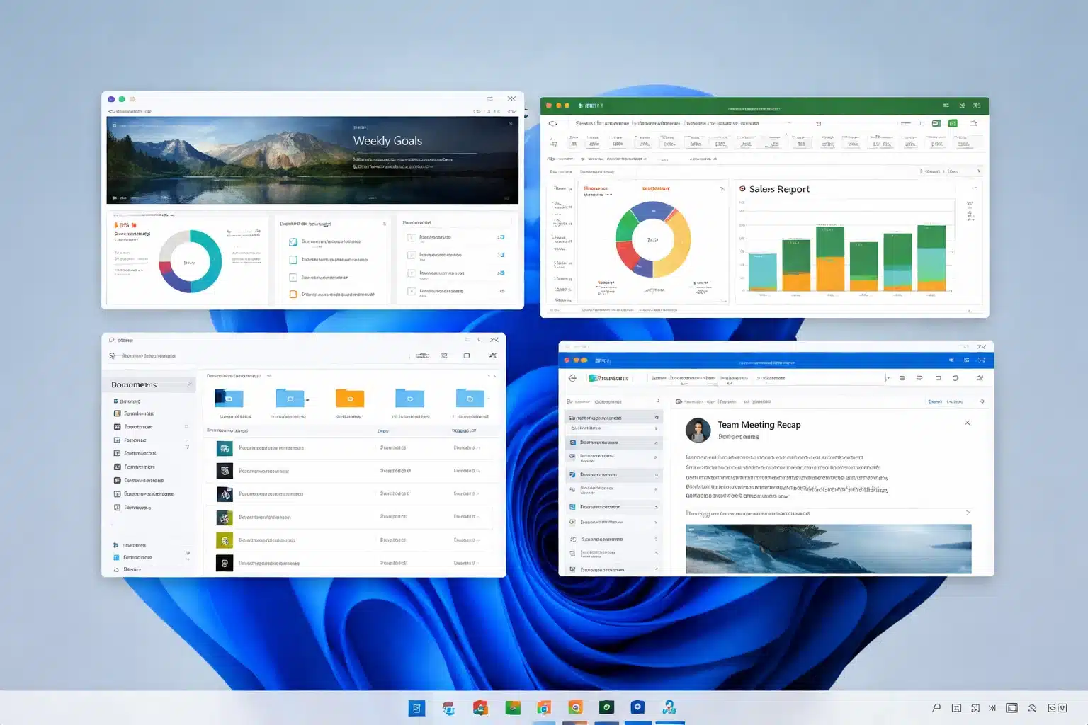 Escritorio de Windows 11 Home con menú Inicio y ventanas organizadas en pantalla