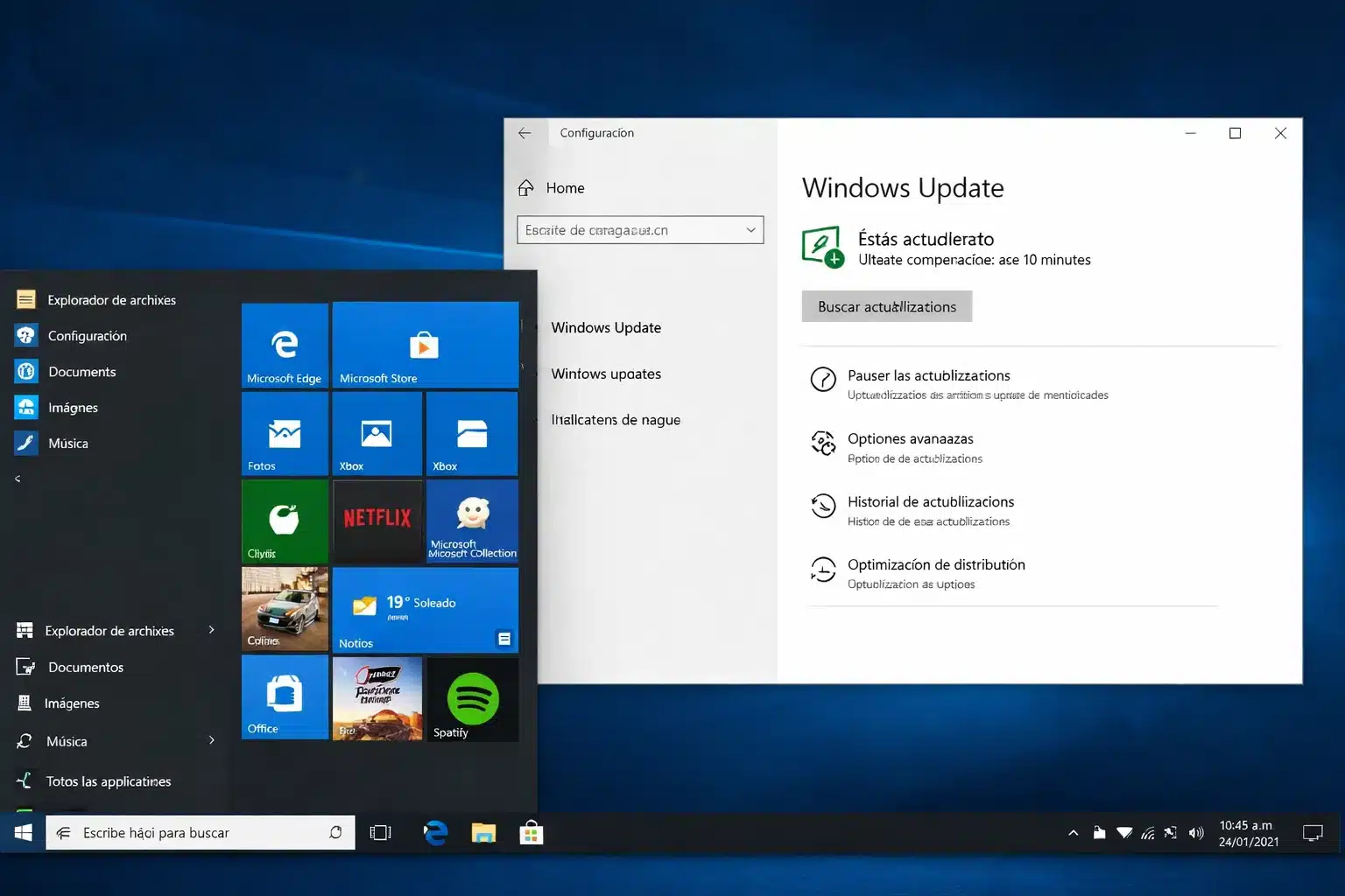 Escritorio de Windows 10 Home con menú Inicio y panel de Configuración abierto